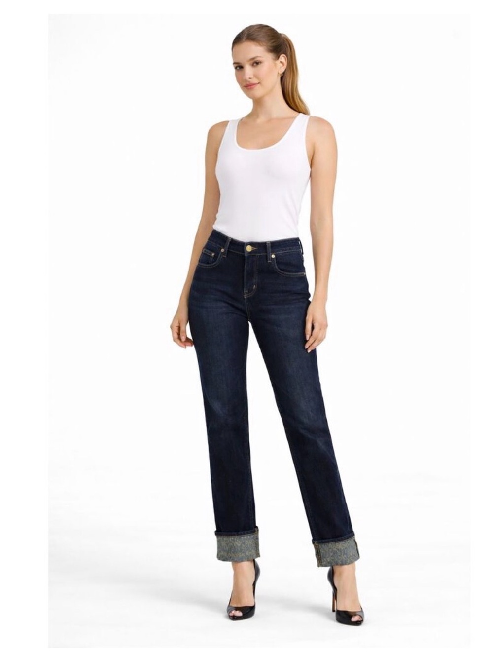 True Religion Becca logo cuffed Straight Leg Jeans Dark Indigo